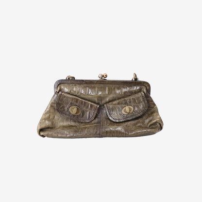 Miu Miu Crocodile-Embossed Kiss-Lock Shoulder Bag in Green Leather with Gold Hardware