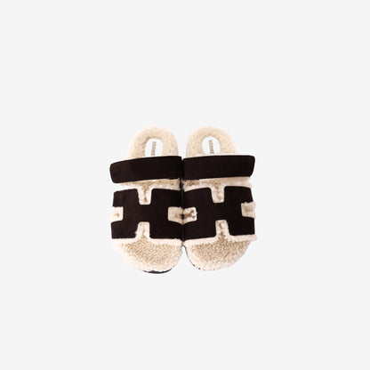 Hermès Chypre Sandals in Marron Ébène Suede Goatskin and Écru Shearling (Size 38.5)