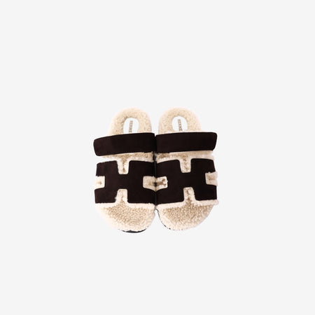 Hermès Chypre Sandals in Marron Ébène Suede Goatskin and Écru Shearling (Size 38.5)