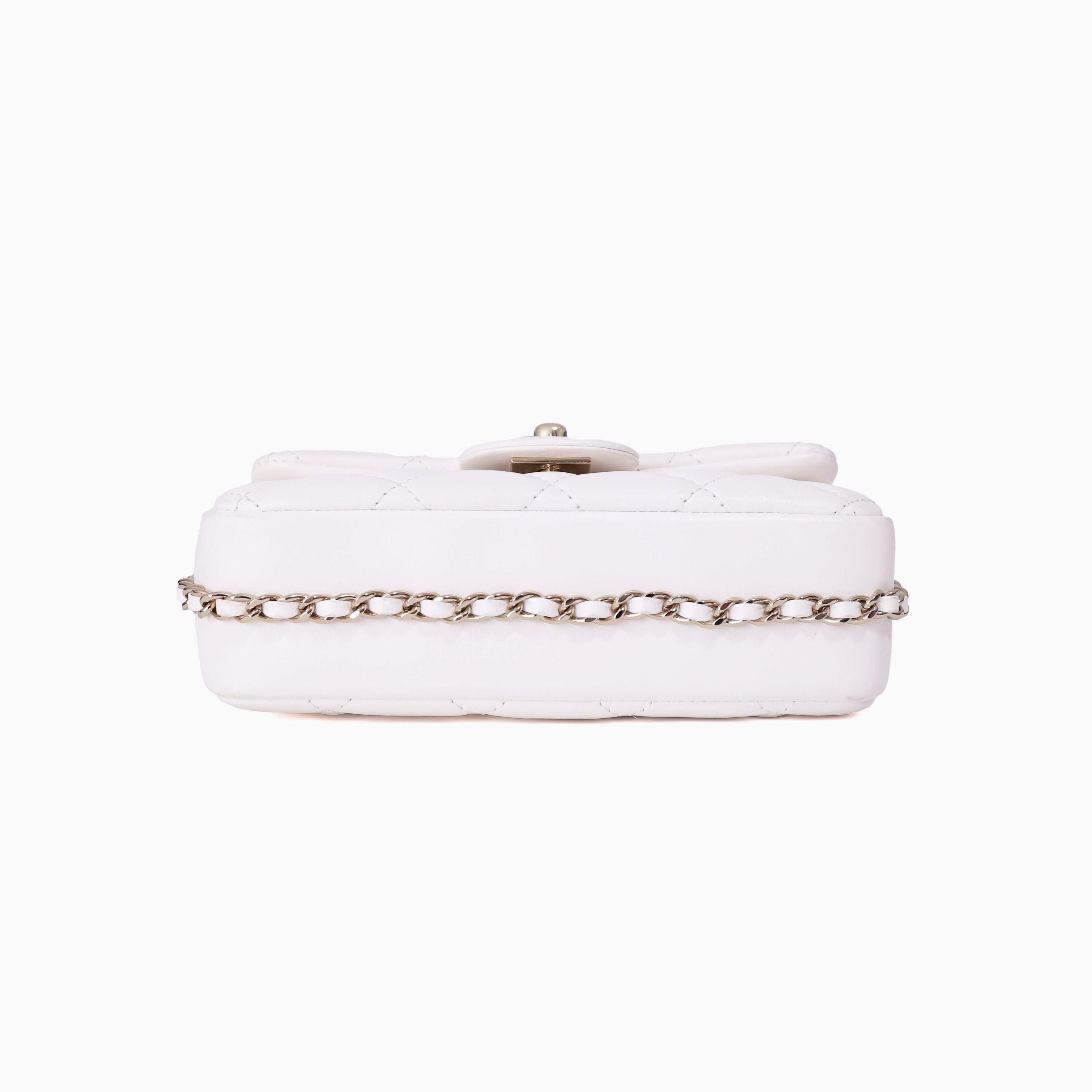 Chanel Pearl Crush Flap Bag in White Calfskin Leather with Gold Hardware bottom view