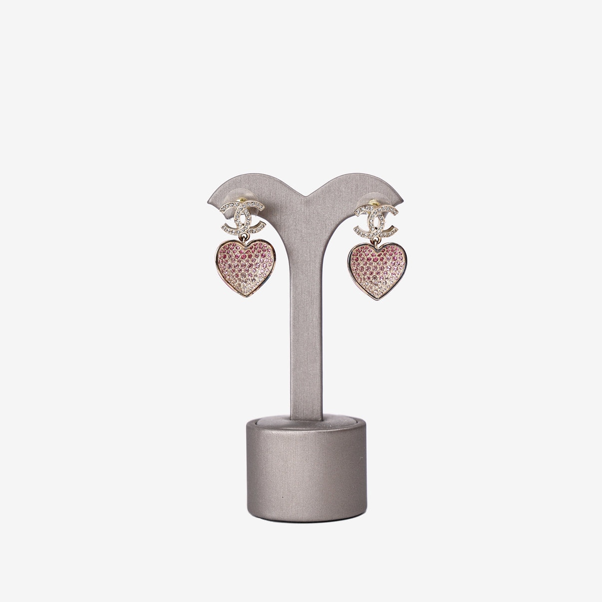 Chanel Crystal CC Resin Heart Drop Earrings in Pink Resin with Gold Hardware front view