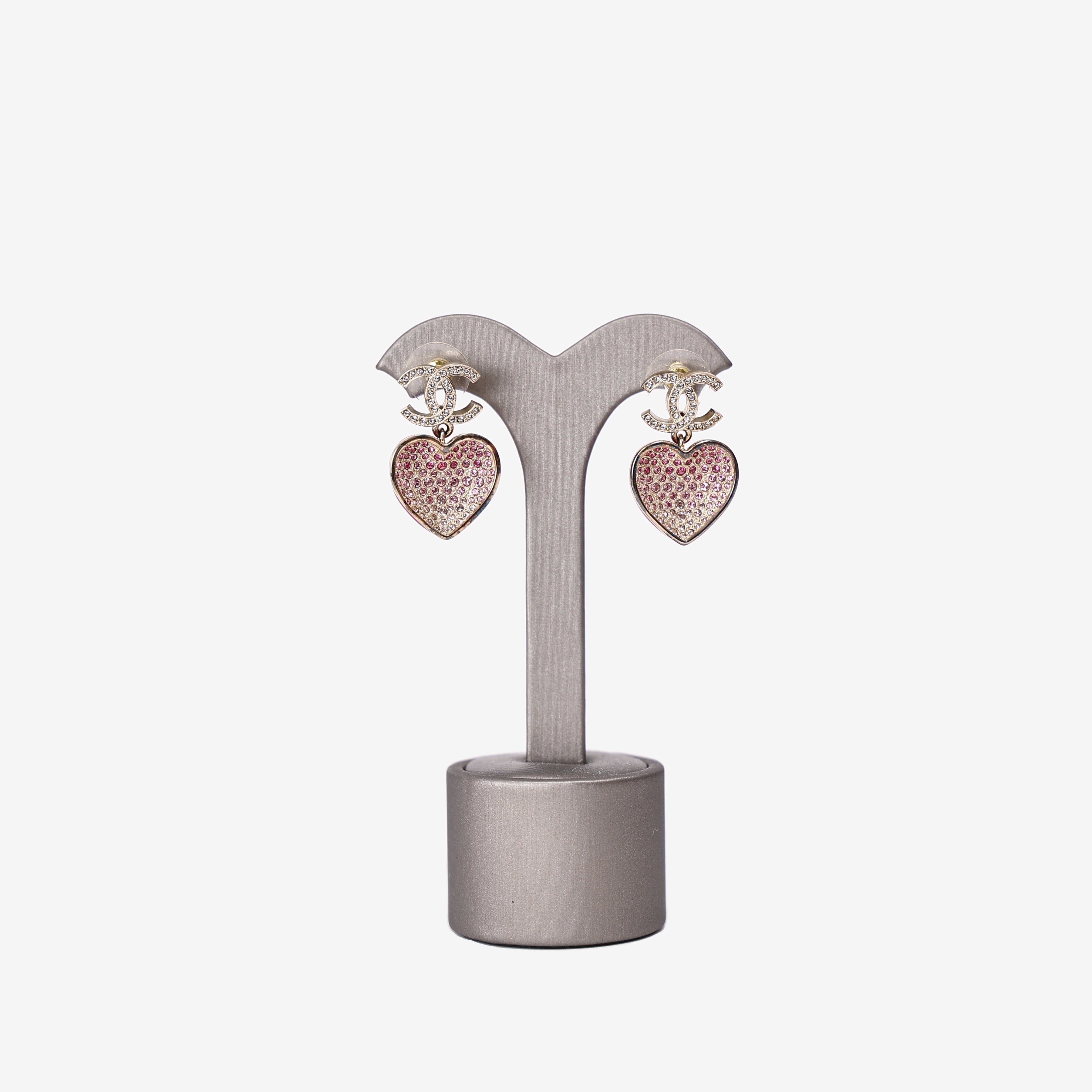 Chanel Crystal CC Resin Heart Drop Earrings in Pink Resin with Gold Hardware front view