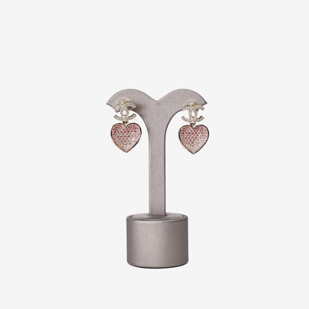 Chanel Crystal CC Resin Heart Drop Earrings in Pink Resin with Gold Hardware front view