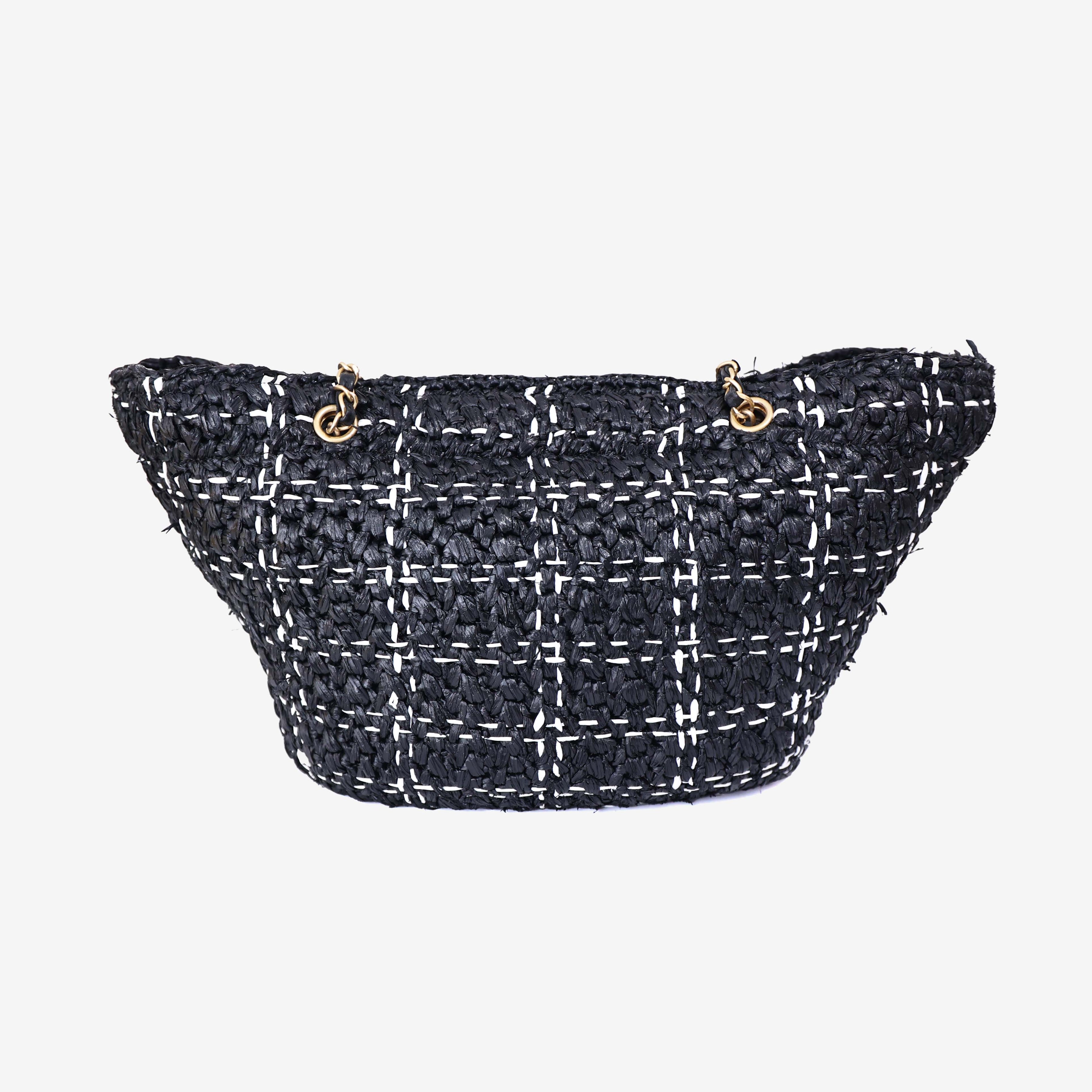 Chanel Raffia Effect Tote in Black/White Tweed Raffia Effect with Gold Hardware back view
