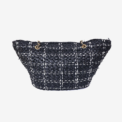 Chanel Raffia Effect Tote in Black/White Tweed Raffia Effect with Gold Hardware back view