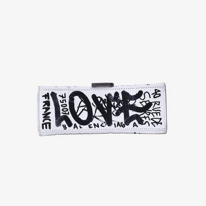 Balenciaga Hourglass XS Top Handle Bag in White Graffiti Print Leather with Silver Hardware