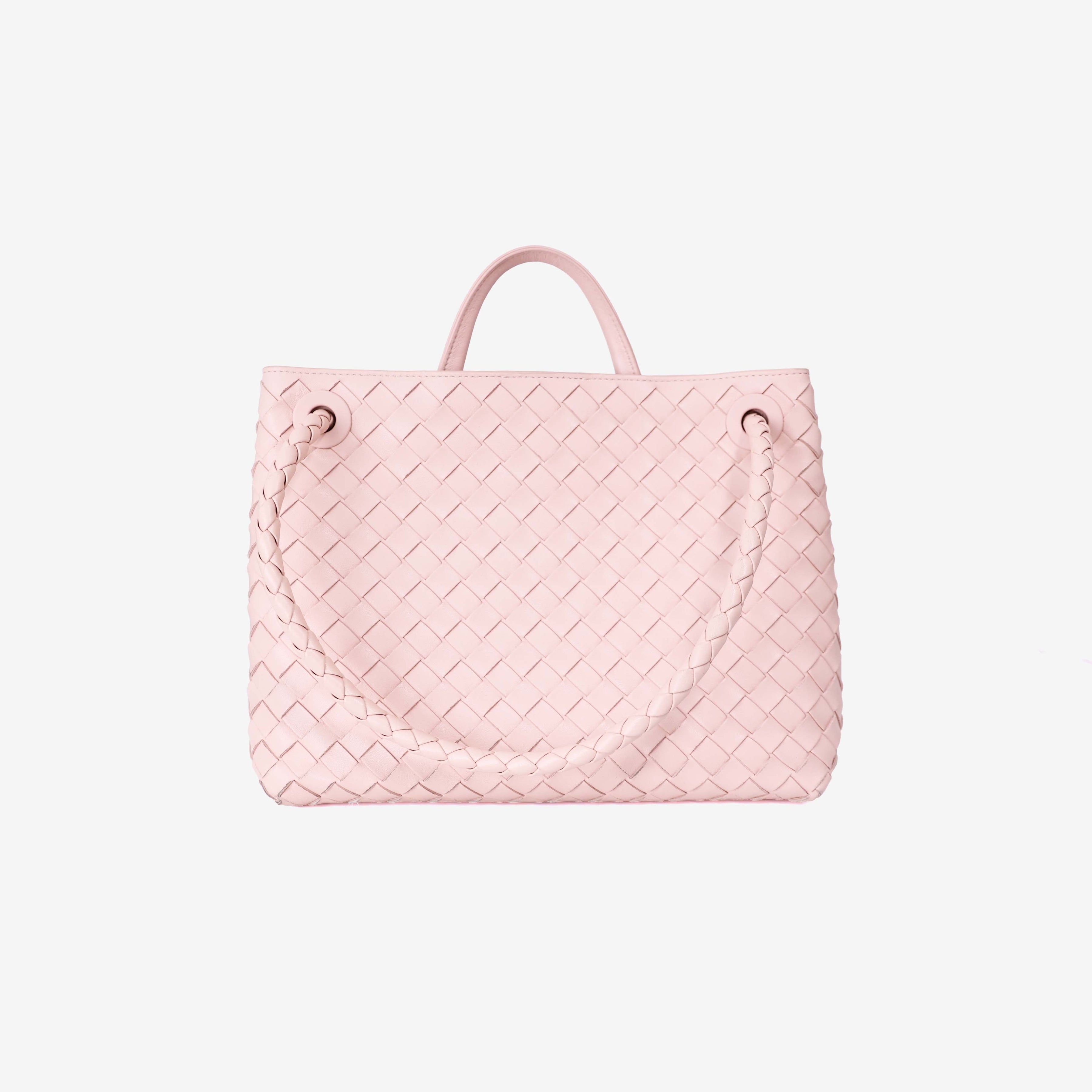 Bottega Veneta Medium Andiamo Bag in Light Pink Leather with Gold Hardware back view