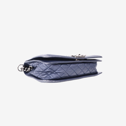 Chanel Medium Boy Bag in Dark Blue Patchwork Denim and Lambskin Leather with Silver Hardware