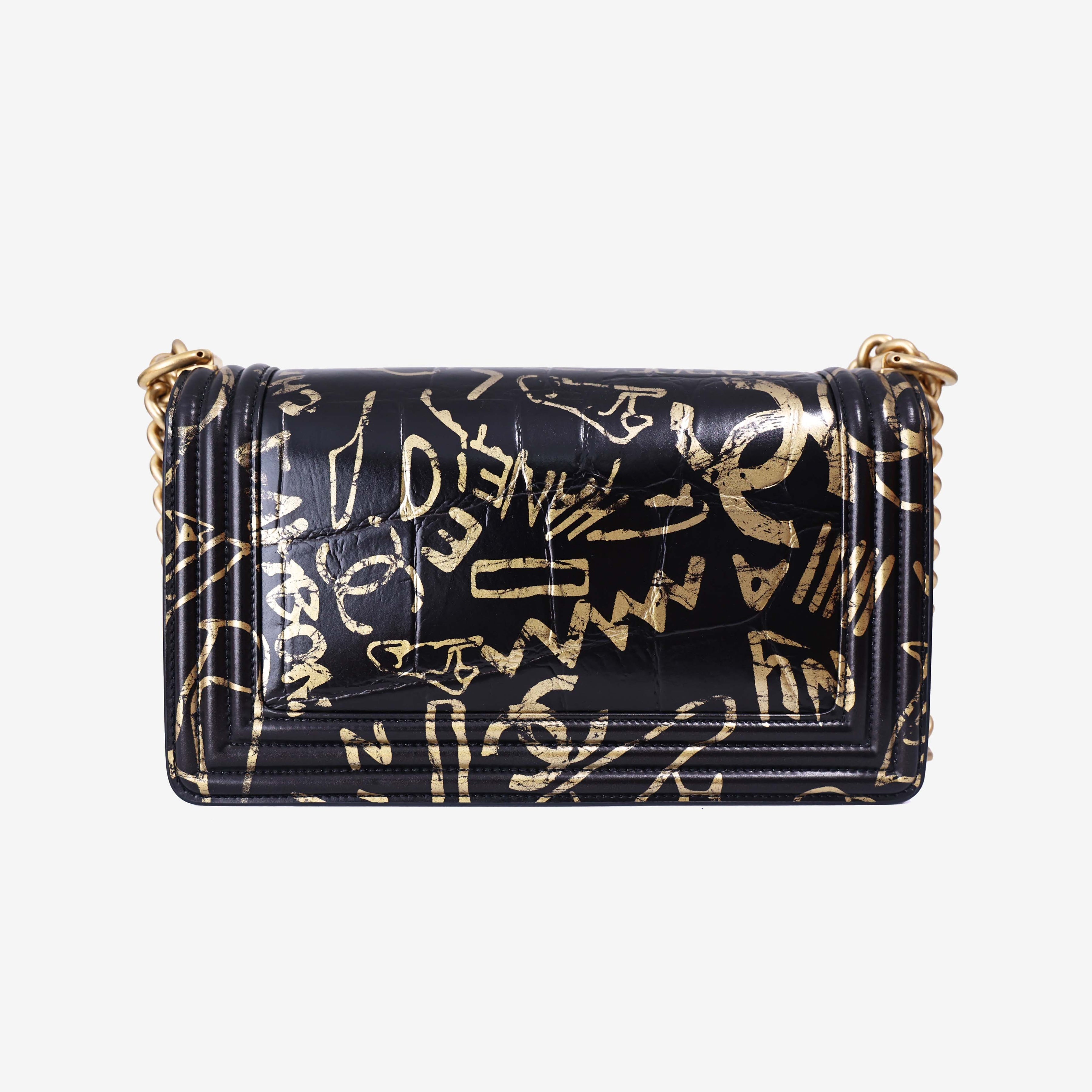 Chanel Medium Boy Flap Bag in Black Embossed Calfskin Leather with Gold Hardware back view