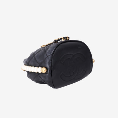 *RARE* Chanel Mini About Pearls Drawstring Bucket Bag in Black Quilted Calfskin Leather with Gold Hardware