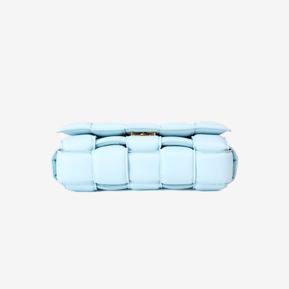 Bottega Veneta Padded Cassette Bag in Light Blue Woven Calf Leather with Gold Hardware