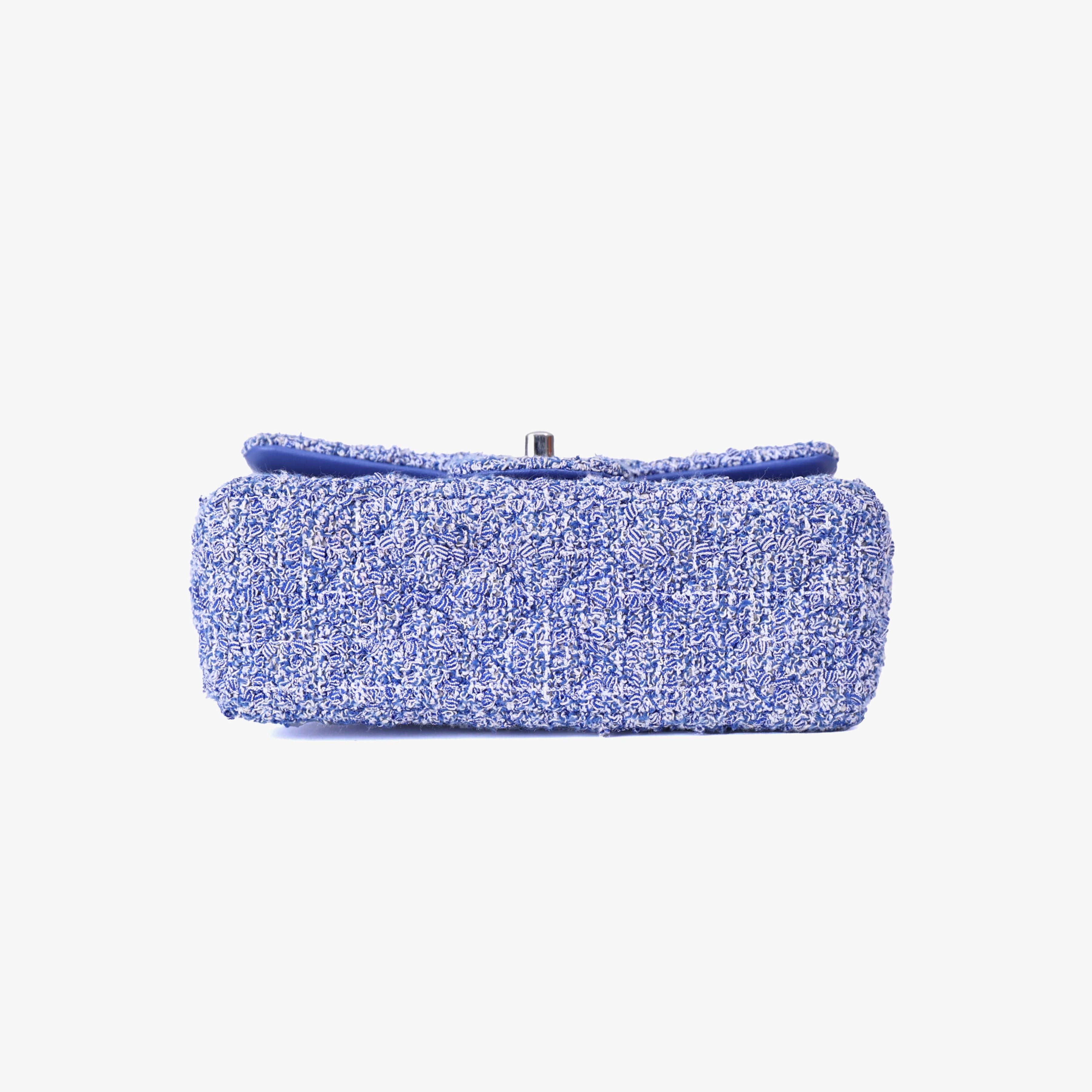 Chanel Mini Rectangular Flap Bag in Blue/White Tweed Leather with Silver Hardware bottom view