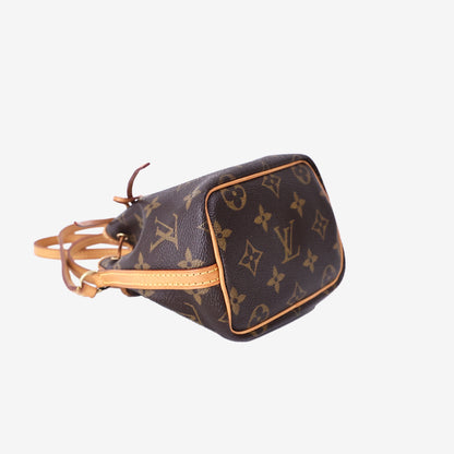 Louis Vuitton Nano Noé Bucket Bag in Monogram Coated Canvas with Vachetta Leather and Gold Hardware