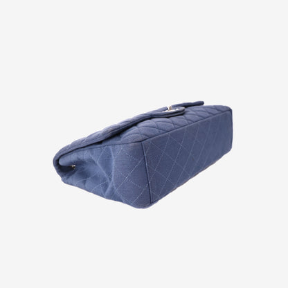 Chanel Quilted Jersey Denim Classic Flap Bag in Blue Knit Fabric with Silver Hardware