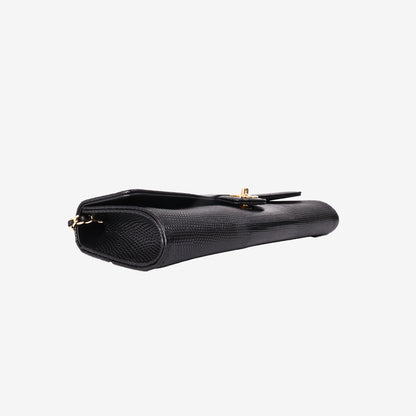 Chanel 26A Clutch with Top Handle in Black Lizard-Embossed Calfskin with Gold Hardware