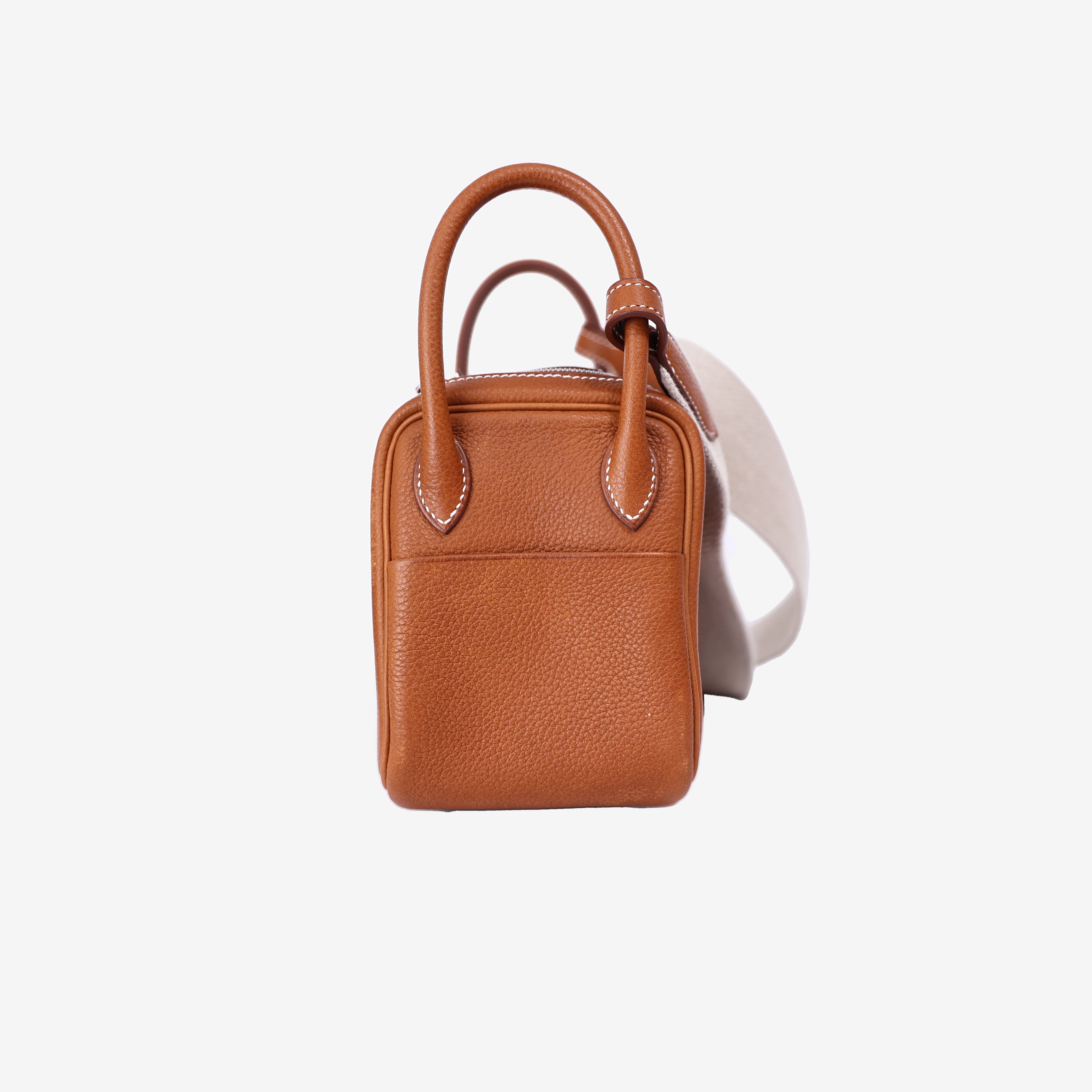 Hermès Mini Lindy in Gold Barenia Leather with Palladium Hardware side view