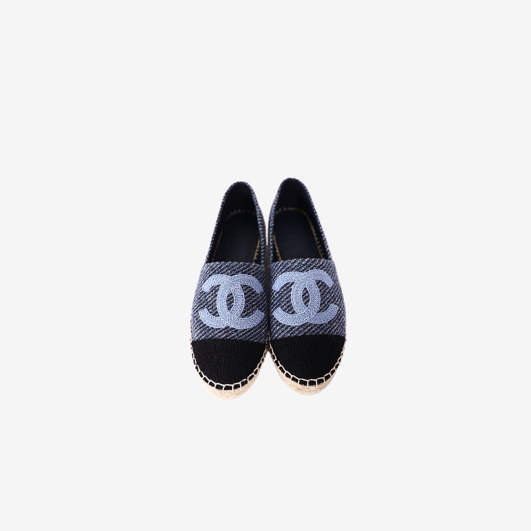 Chanel Tweed Espadrilles in Black and Blue Tweed with CC Detail (Size 36)