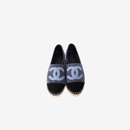 Chanel Tweed Espadrilles in Black and Blue Tweed with CC Detail (Size 36)