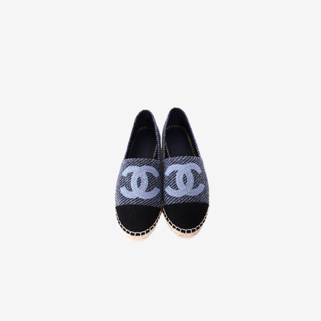 Chanel Tweed Espadrilles in Black and Blue Tweed with CC Detail (Size 36)
