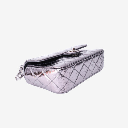 Chanel Mini Ring Handle Flap Bag in Silver Metallic Calfskin Leather with Silver Hardware