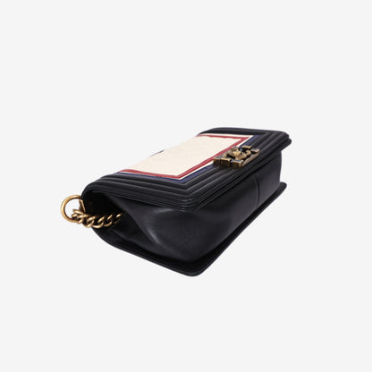 Chanel Boy Bag in White Black and Blue Lambskin Leather with Gold Hardware