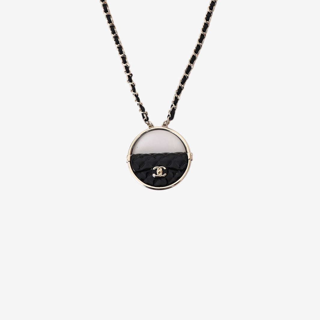 Chanel Gold CC Black Hula Bag Mirror Large Charm Long Necklace in Black Leather with Gold Hardware