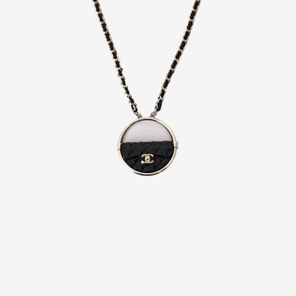 Chanel Gold CC Black Hula Bag Mirror Large Charm Long Necklace in Black Leather with Gold Hardware
