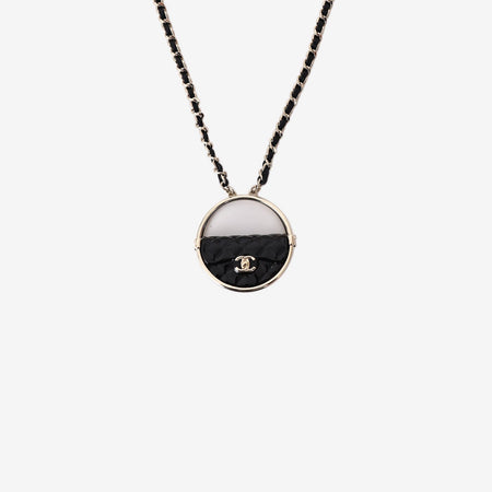 Chanel Gold CC Black Hula Bag Mirror Large Charm Long Necklace in Black Leather with Gold Hardware