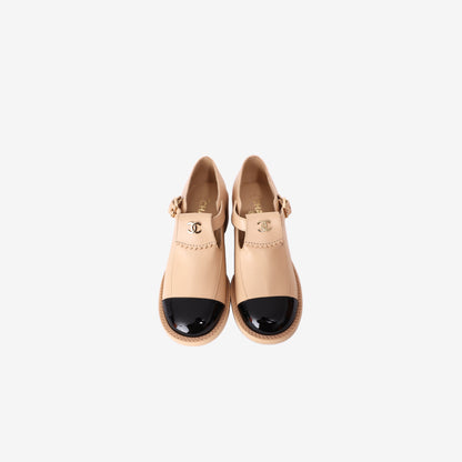 Chanel Mary Jane Flats in Beige Leather with Black Patent Cap-Toe (Size 38)
