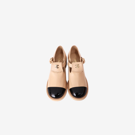 Chanel Mary Jane Flats in Beige Leather with Black Patent Cap-Toe (Size 38)