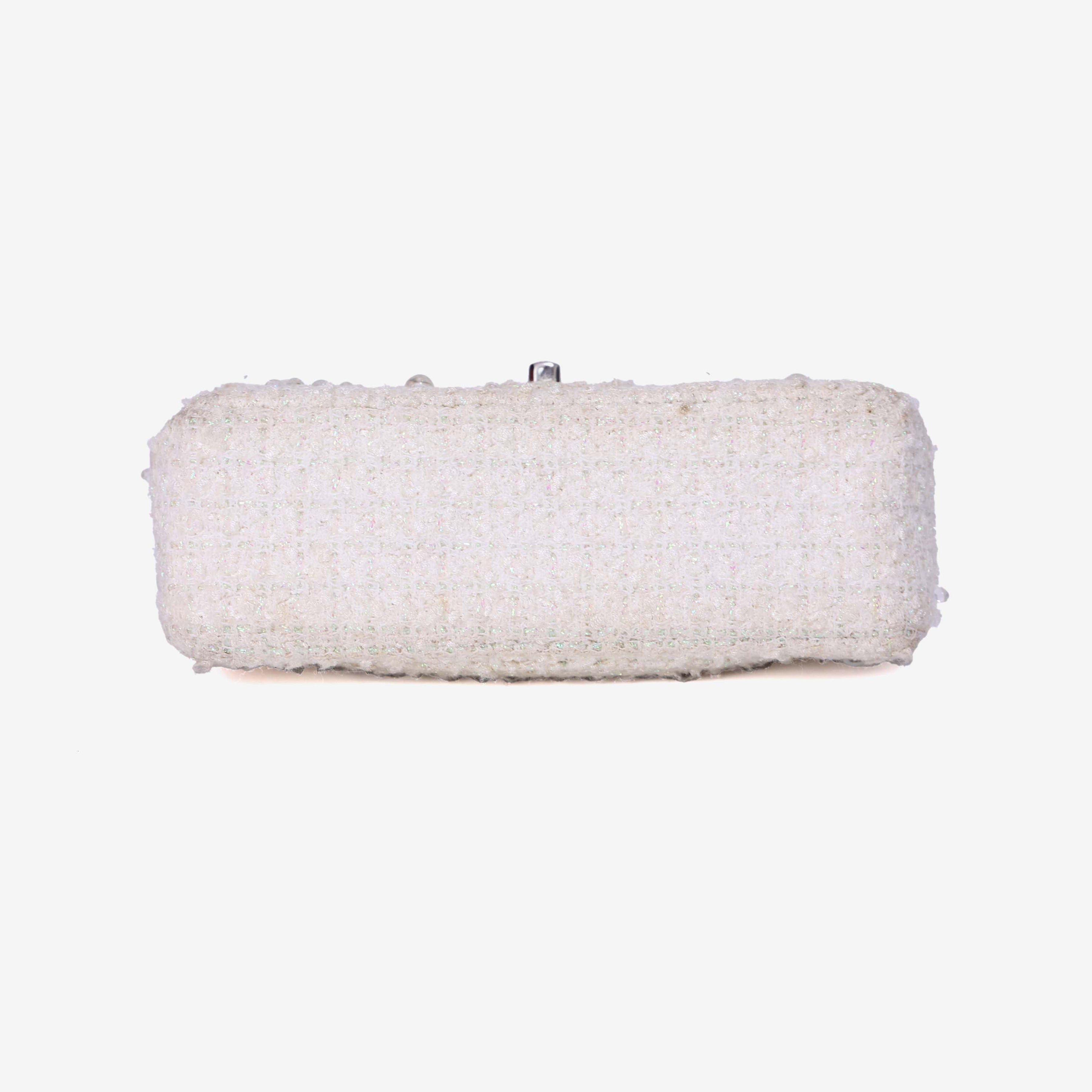 Chanel Tweed Beaded Mini Rectangular Flap in White Tweed with Silver Hardware bottom view
