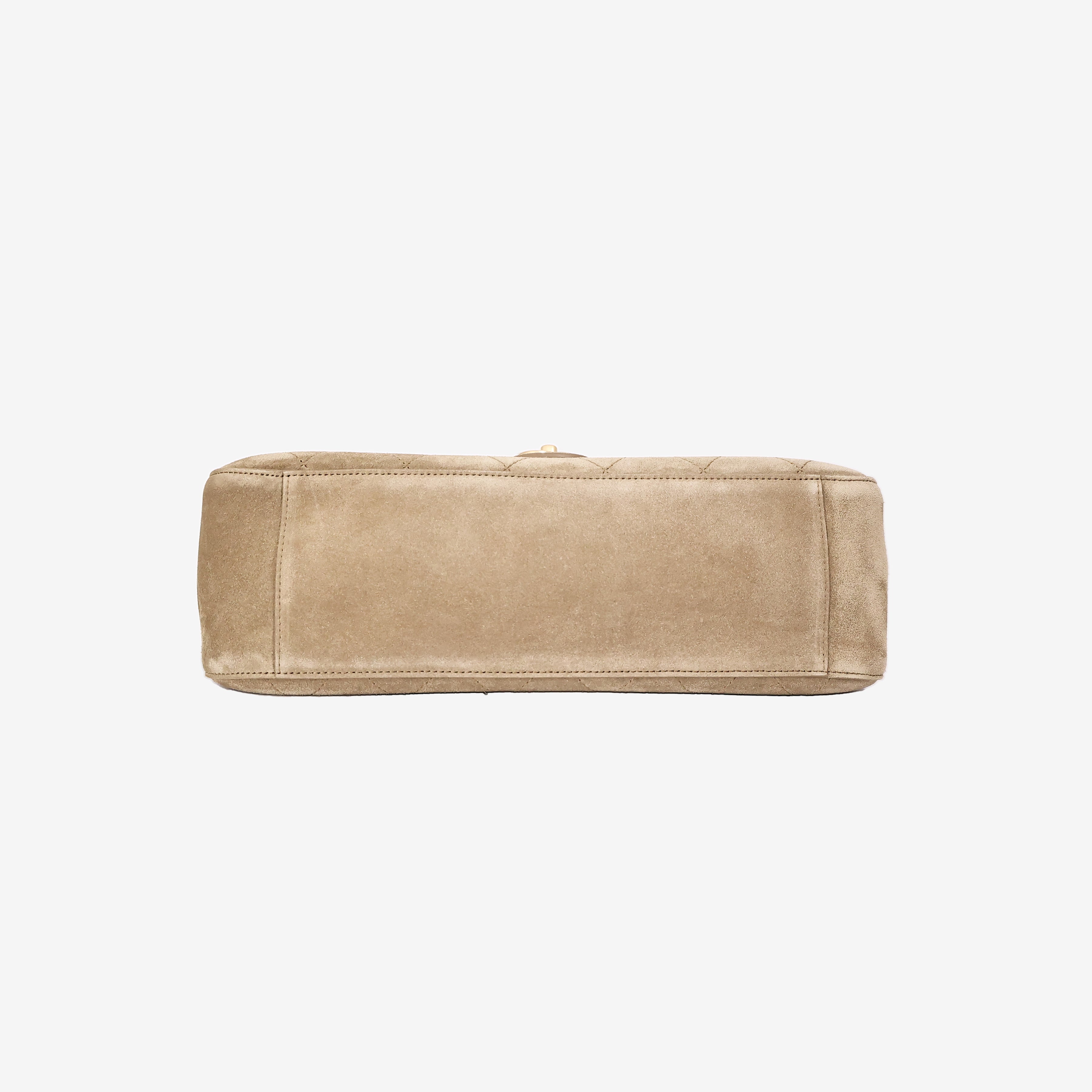Chanel 26S Maxi Flap Bag in Dark Beige Suede Calfskin Leather with Gold Hardware bottom view