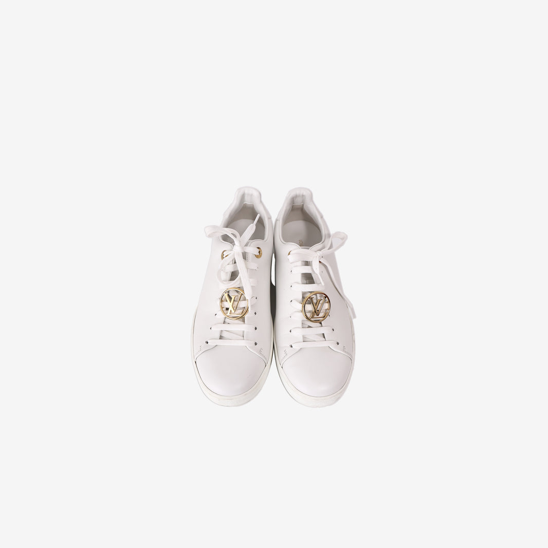 Louis Vuitton Frontrow Sneakers in White Calf Leather with Gold-Tone LV Logo Clasp (Size 38.5)