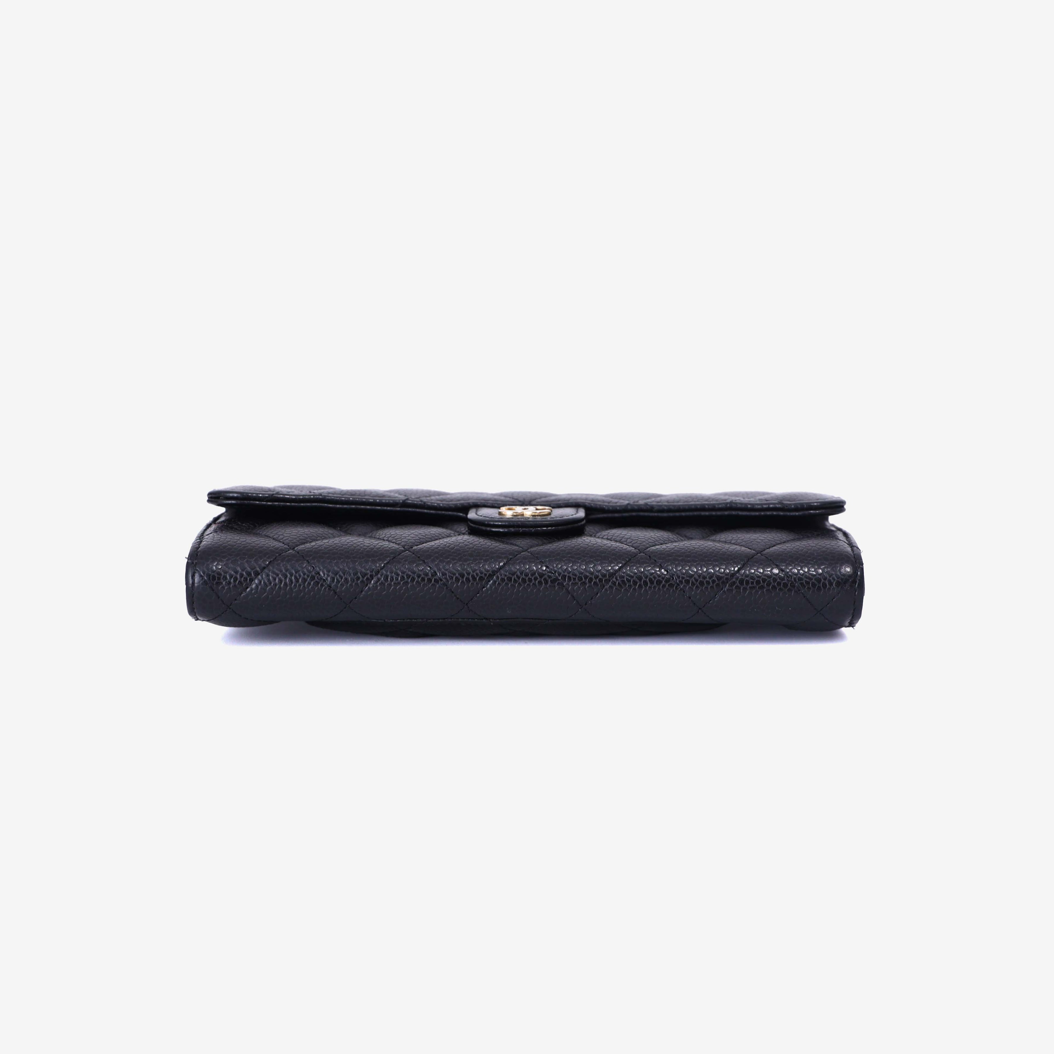 Chanel Classic Long Flap Wallet in Black Caviar Leather with Gold Hardware bottom view