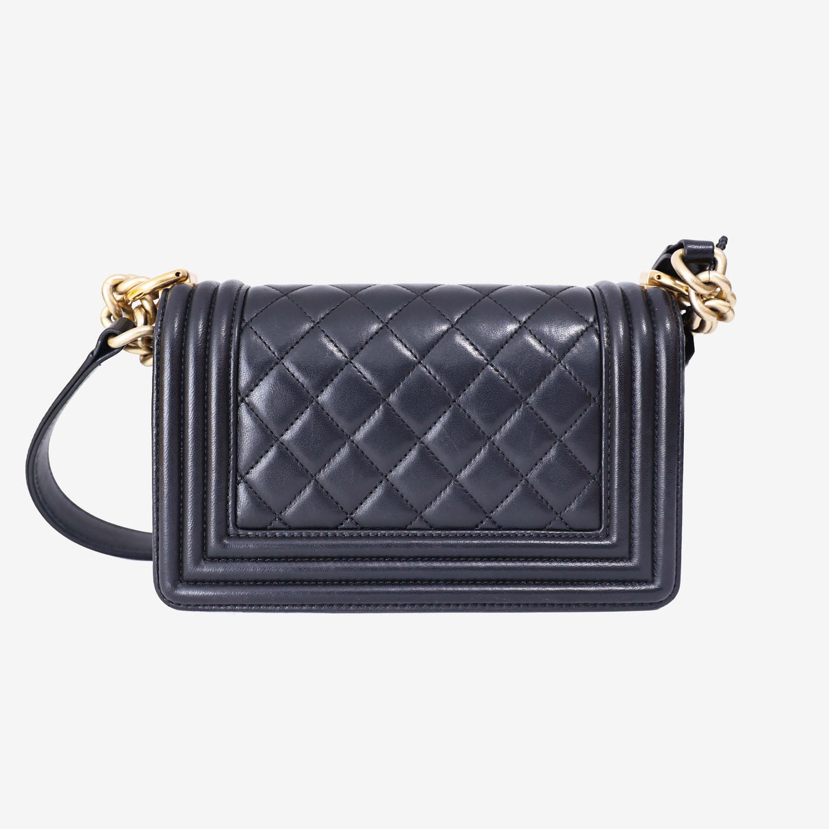 Chanel Boy Bag in Black Lambskin Leather with Gold Hardware back view