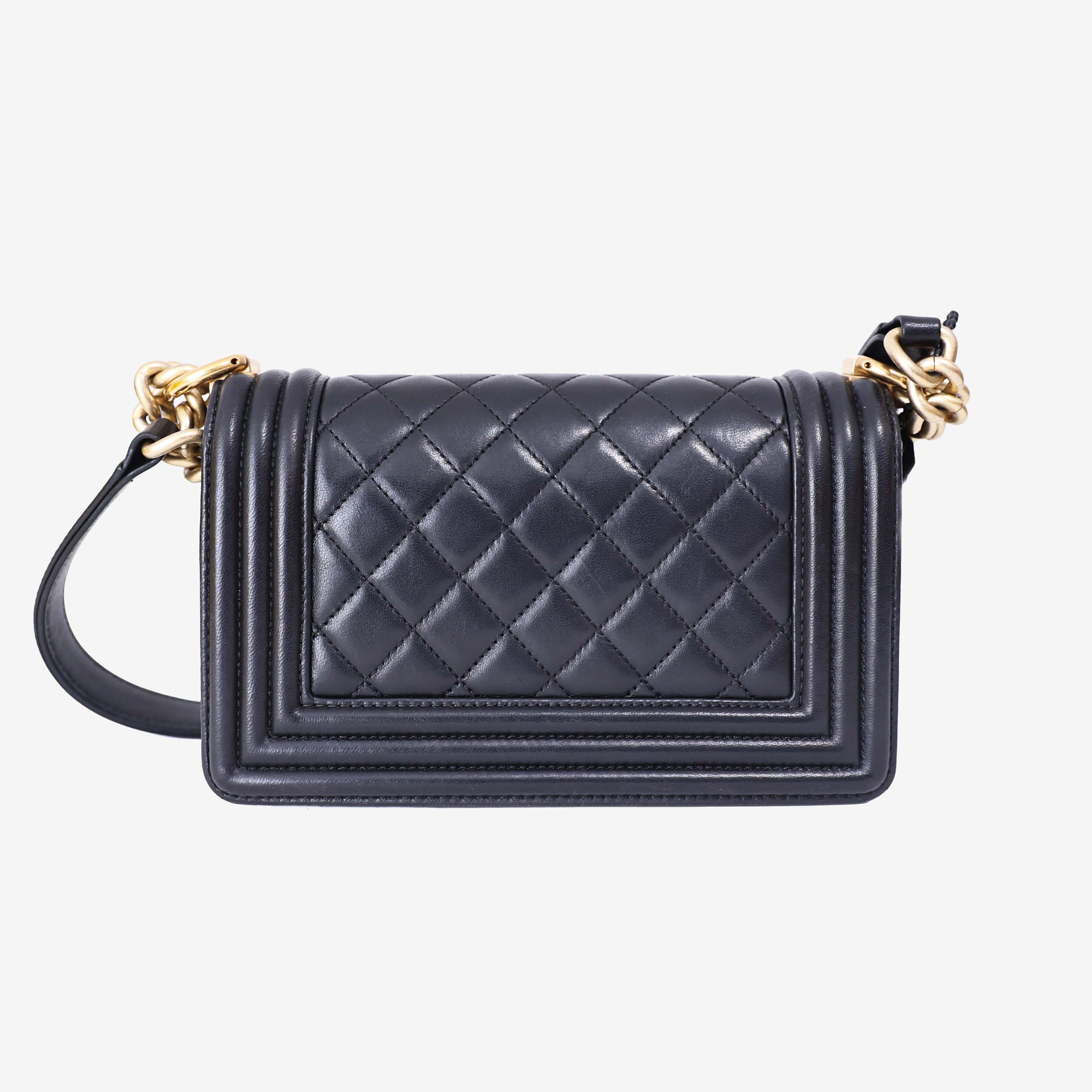 Chanel Boy Bag in Black Lambskin Leather with Gold Hardware back view