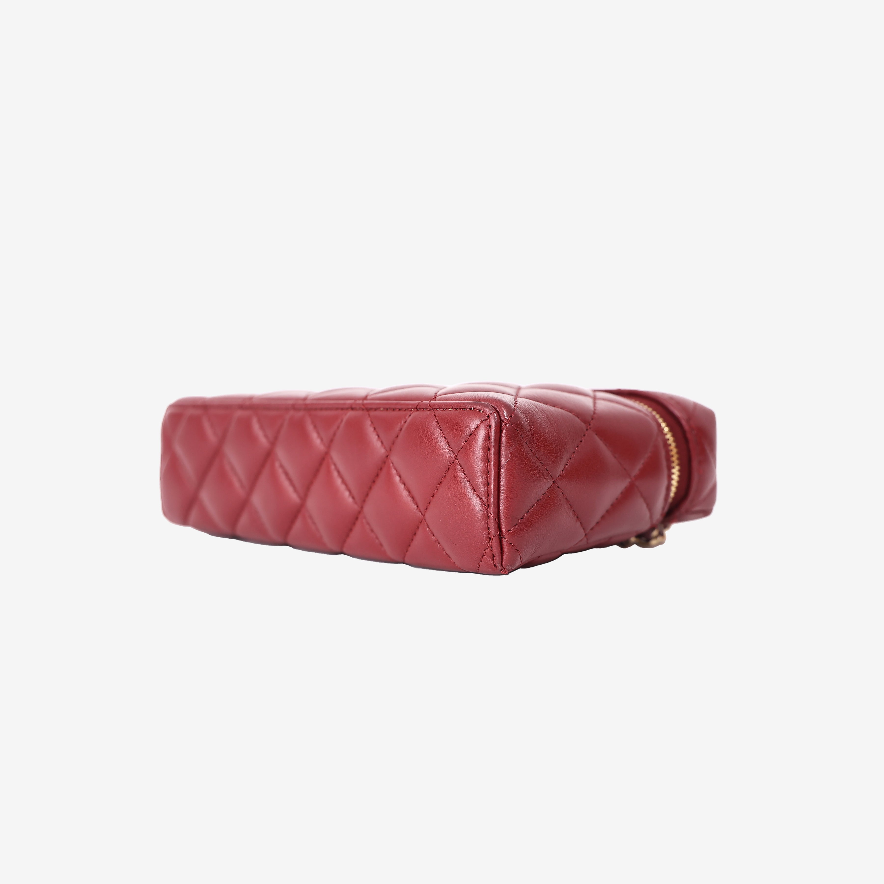Chanel Vanity Bag with Top Handle in Burgundy Lambskin Leather with Gold Hardware bottom side view