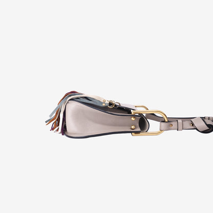 Chloé Hudson Colourful Tassel Saddle Bag in Grey Calfskin Leather with Gold Hardware