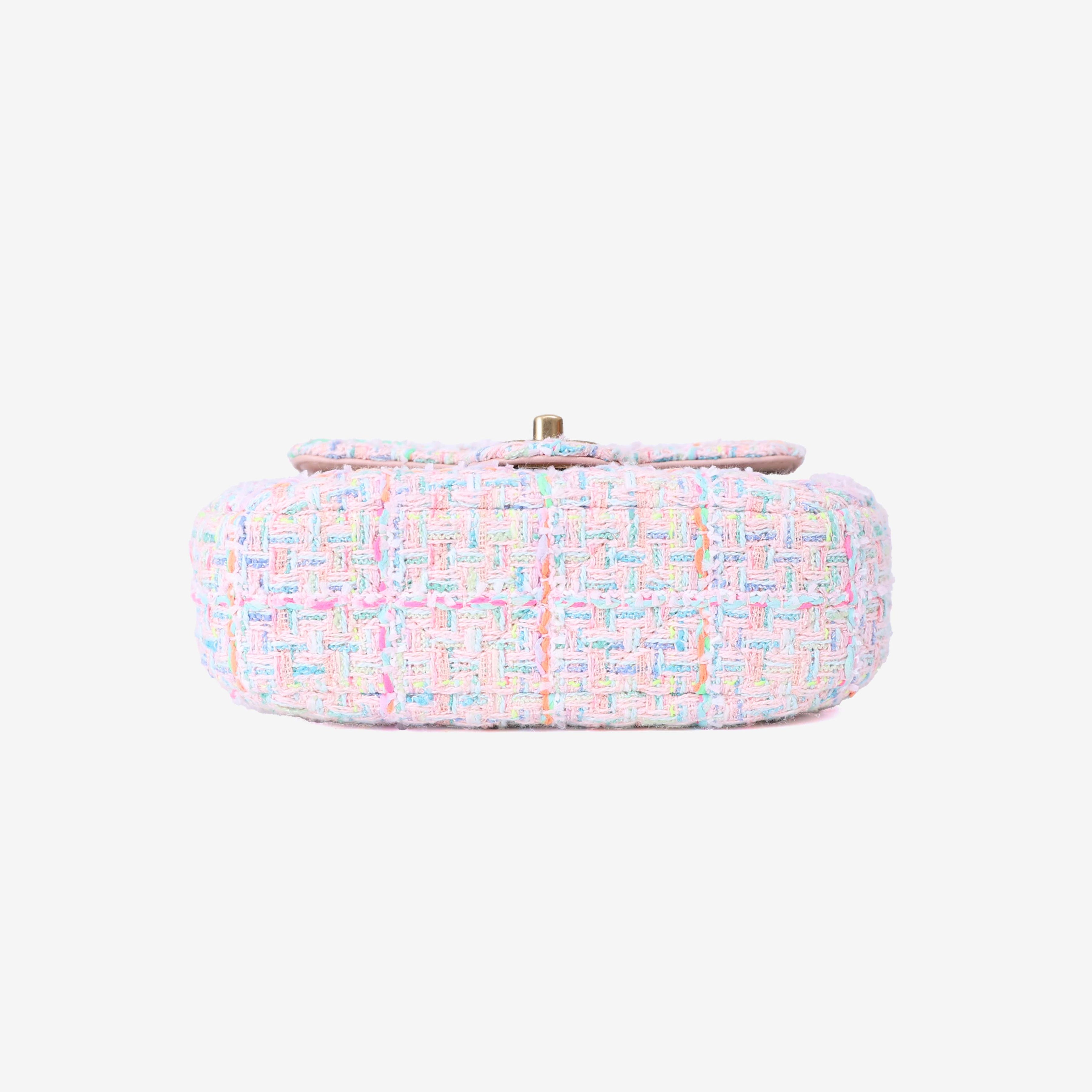Chanel Mini Flap Bag with Top Handle in Pink Tweed Leather with Gold Hardware bottom view