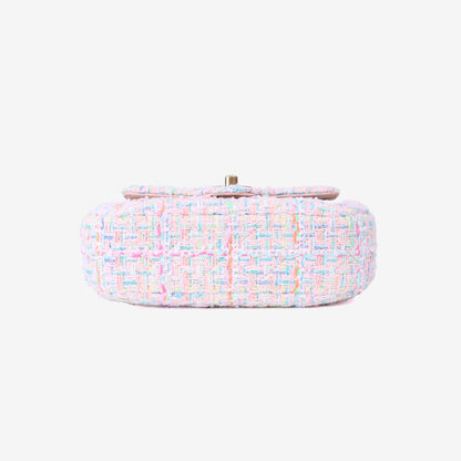 Chanel Mini Flap Bag with Top Handle in Pink Tweed Leather with Gold Hardware bottom view