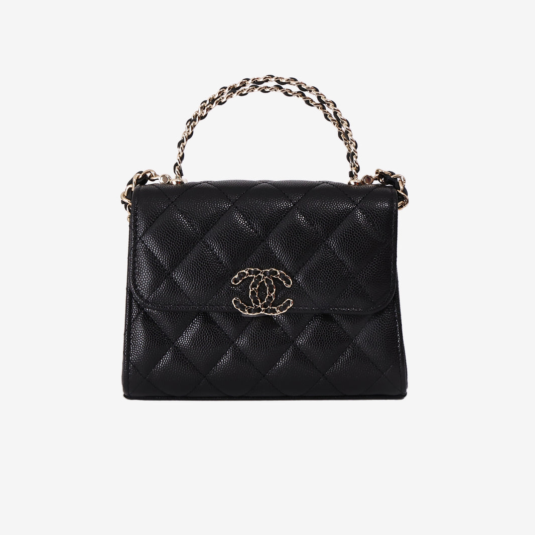 Chanel Double Chain Top Handle Flap in Black Caviar Leather with Gold Hardware