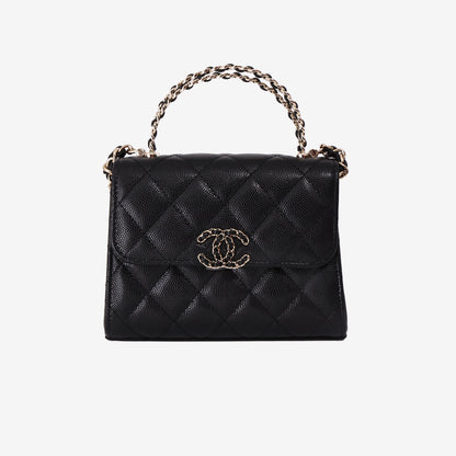 Chanel Double Chain Top Handle Flap in Black Caviar Leather with Gold Hardware