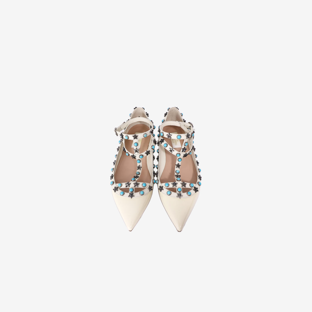 Valentino Garavani Rockstud Spike Flats in White Patent Leather (Contact to Enquire)