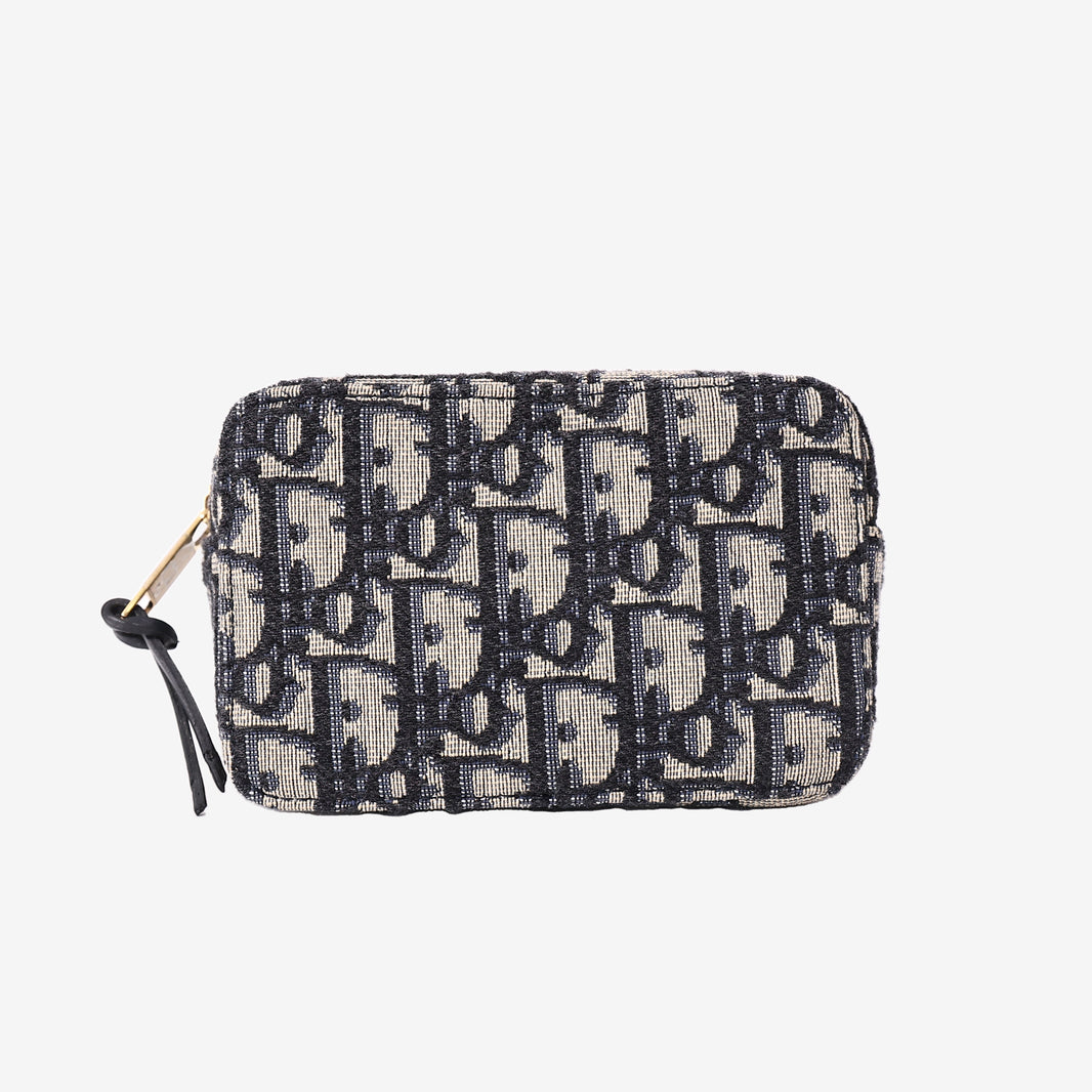 Dior Oblique Pouch in Navy and Beige Jacquard Canvas with Gold Hardware front view