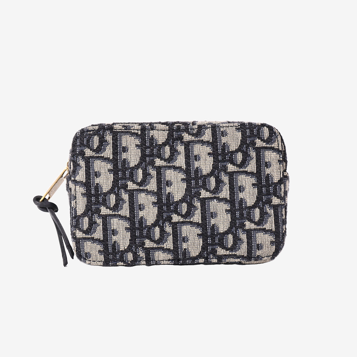 Dior Oblique Pouch in Navy and Beige Jacquard Canvas with Gold Hardware front view