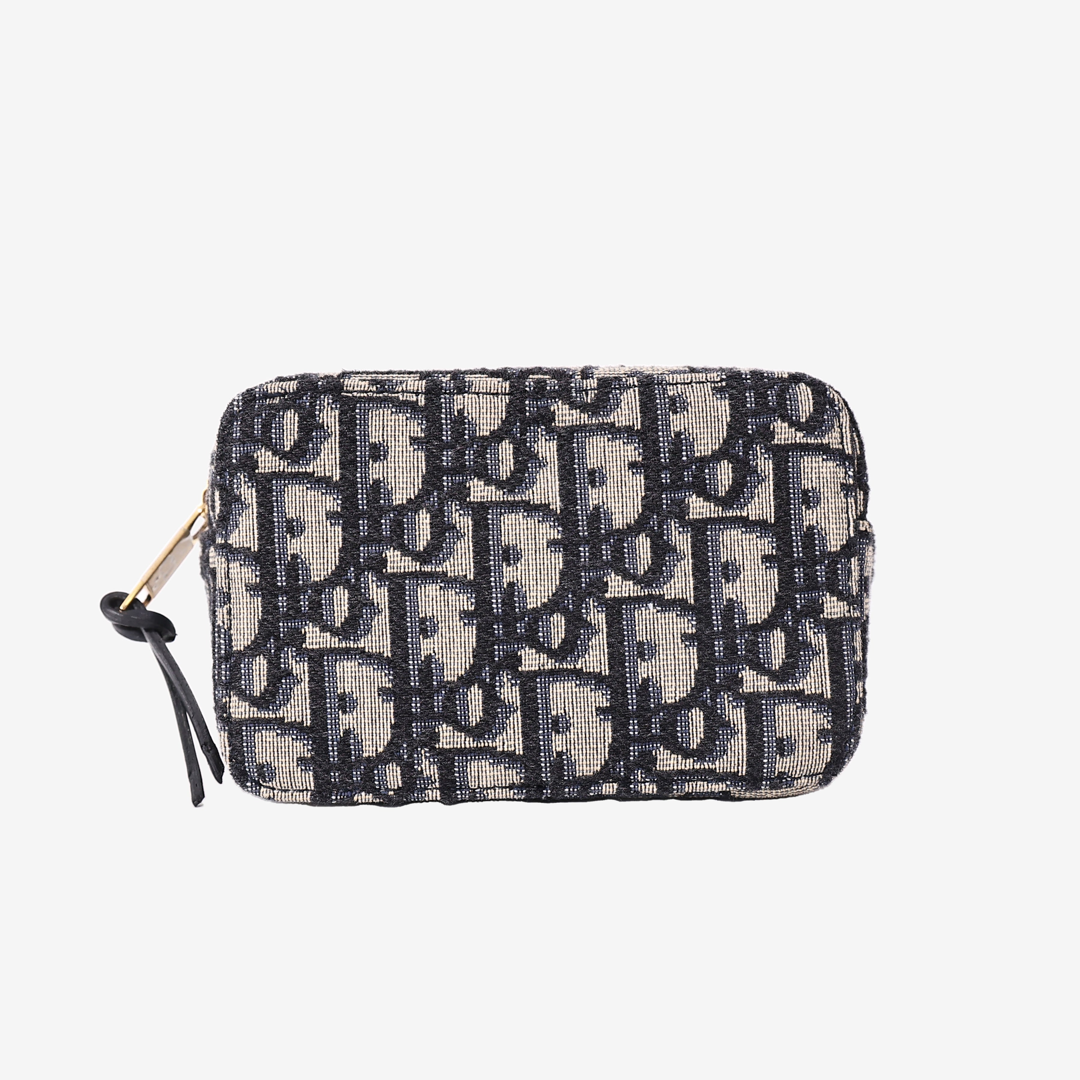 Dior Oblique Pouch in Navy and Beige Jacquard Canvas with Gold Hardware front view