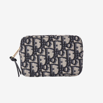 Dior Oblique Pouch in Navy and Beige Jacquard Canvas with Gold Hardware front view