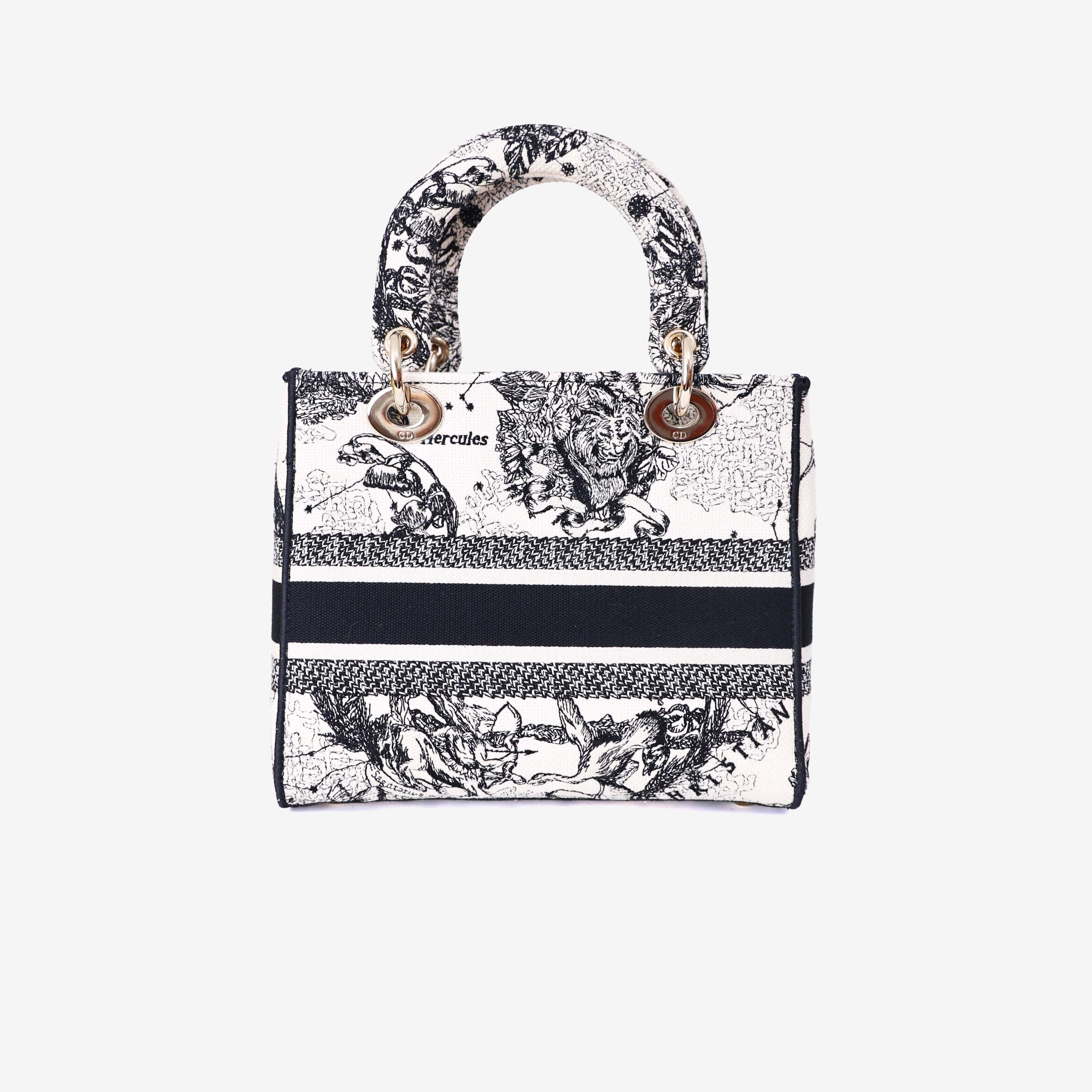 Dior Medium Lady D-Lite Zodiac Embroidered Bag in White/Black Canvas with Gold Hardware back view