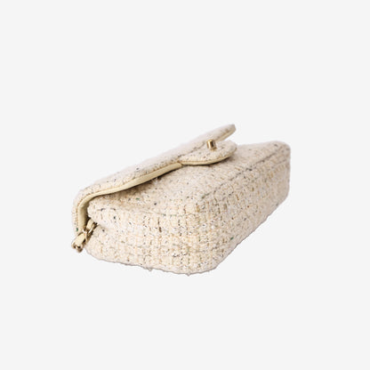 Chanel Tweed Quilted Mini Rectangular Flap Bag in Light Yellow Tweed with Gold Hardware