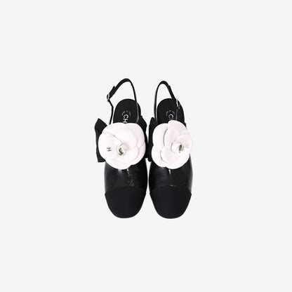 Chanel Camellia Bow Slingback Pumps in Black Crumpled Shiny Fabric (Size 38.5)
